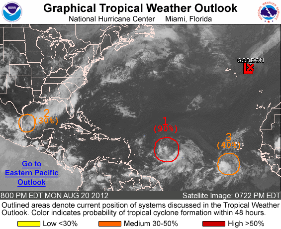 An area of low pressure is now heading westward across the Atlantic.