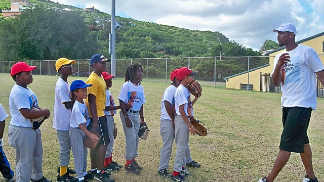 Jabari Blash does drills with local boys.