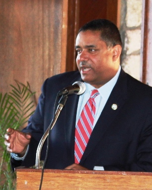 Gov. John deJongh Jr. addresses the St. Croix Chamber of Commerce Thursday morning at the Palms at Pelican Cove.