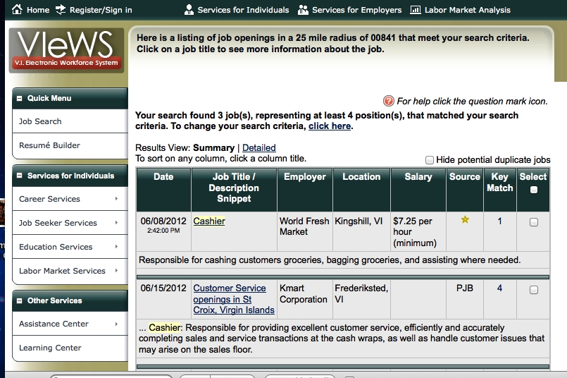 A screen shot of the VIeWS web page at the Department of Labor site.