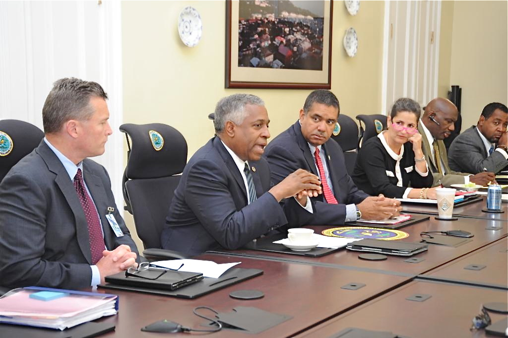 From left, ATF Deputy Director Thomas Brandon, ATF Director B. Todd Jones, Gov. John deJongh Jr., Chief of Staff Pamela Berkowsky, VIPD Commissioner Henry White and Acting Attorney General Wayne Anderson, at Friday's Government House meeting. (Photo courtesy of Government House)