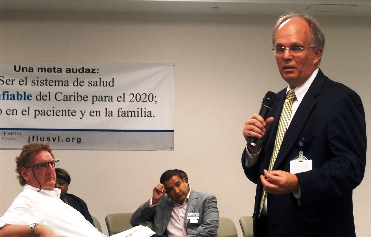 Hospital CEO Jeff Nelson addresses community forum Thursday.