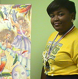 Makeda Joseph and her winning artwork. (Photo courtesy Tourism Department)