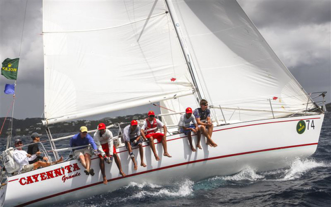 St. Croix's own Cayennita Grande, with its crew of Central High School students, won its class; click to enlarge. (Photo by Rolex / Ingrid Abery)