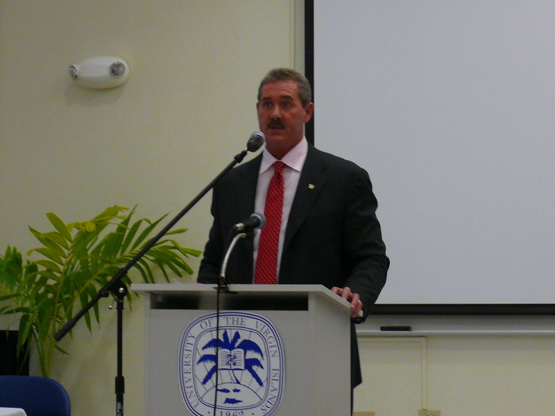Allen Stanford speaking at an economic conference he hosted at the University of the Virgin Islands in 2007, where he lobbied for the federal government and local government to loosen rules for offering tax breaks.