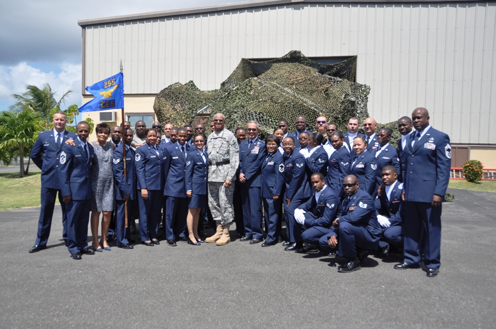 Members of the new 285th Civil Engineering Squadron pose proudly with the VING's Adjutant General Renaldo Rivera as they receive their official redesignation from a communications squadron to a civil engineering squadron (photo courtesy Master Sgt. Alexandria Chamberlain).