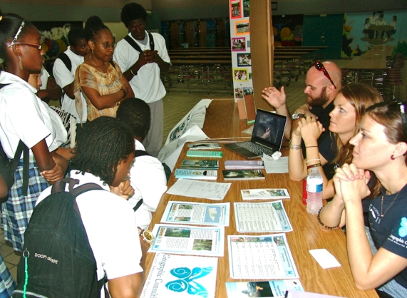 Justin Whisante, Liz Zimmer and Molly Clifford tell students about science careers.