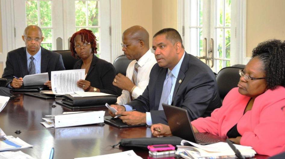 Gov. John deJongh Jr. and his financial team meeting with bond rating agencies (Government House photo). 