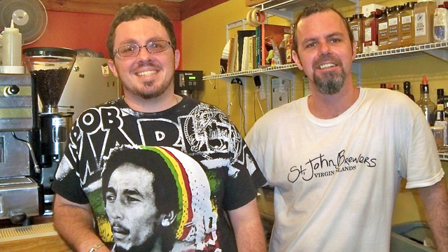 James Schierloh, left, and Dennis Ransehousen at their business, Mocha Jumbies Cafe.