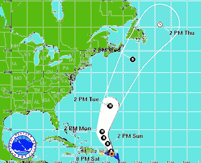 NOAA weather map shows the projected path of Tropical Storm Rafael.