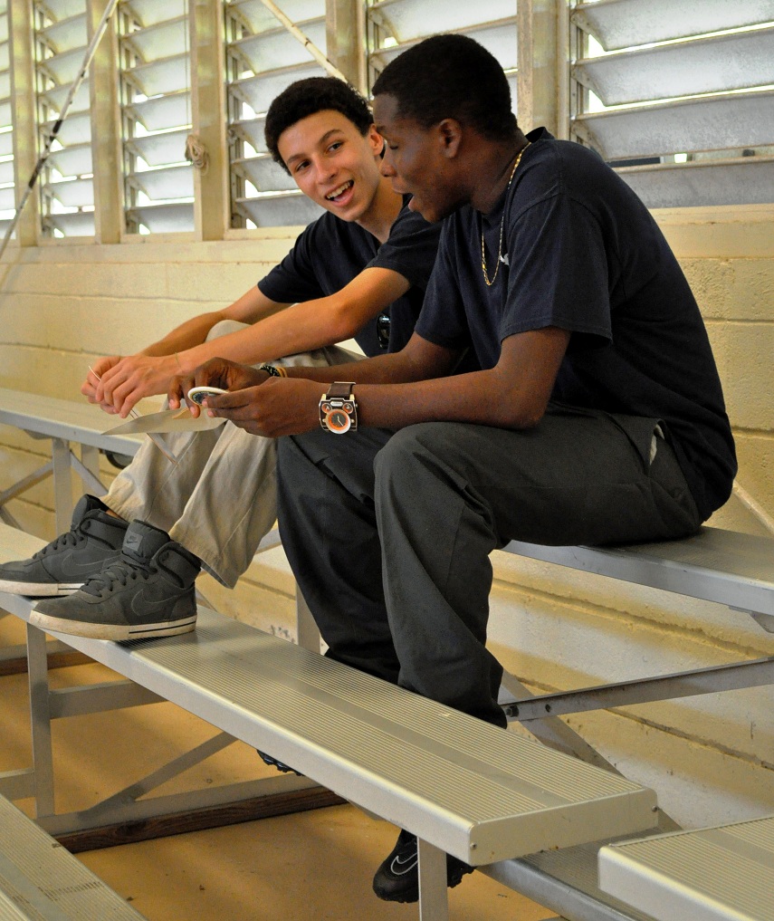 From left to right, AZ Academy sophomores Conrad Yanez and Rick Beggs discuss what they learned at the Environmental Science Career Expo Tuesday at Good Hope School. 