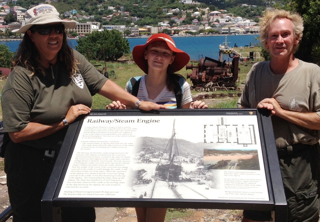 V.I. National Park education specialist Laurel Brannick, student Emily Wild and park archeologist Ken Wild at Hassel Island (Photo courtesy Friends of the Park).