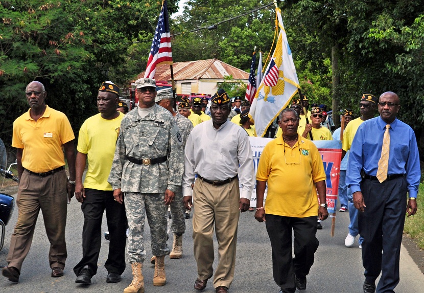 Leading the approach to American Legion Headquarters, from left: Virdin Brown, American Legion District Cmdr. Charles David, V.I. National Guard Adj. Gen. Renaldo Rivera, Lt. Gov. Gregory Francis, Morris Morehead and St. Croix Administrator Dodson James.