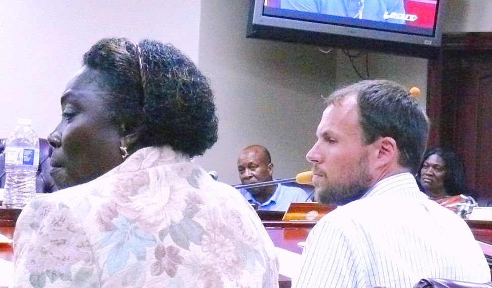 Testifying at Tuesday's Committee of the Whole meeting were Juanita Fergus, left, who requested a rezoning, and Stuart Smith, who heads the Comprehensive and Coastal Zone Planning Division at DPNR. 