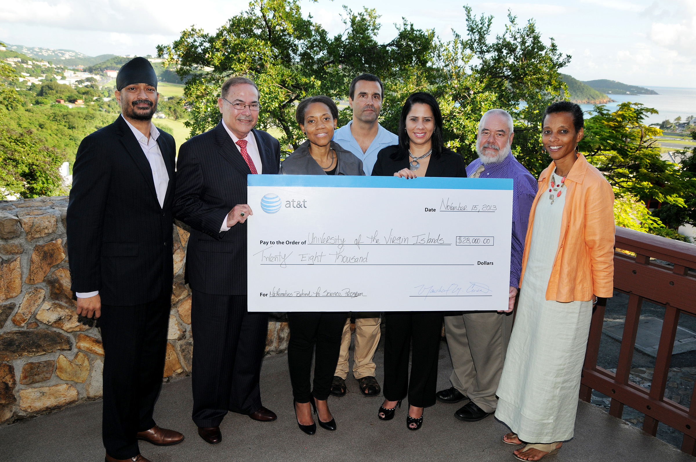 On hand for AT&T’s presentation of a $28,000 grant on UVI’s St. Thomas Campus were, from left, Attorney Ravi Nagi of the BoltNagi law firm, which represents AT&T, Regional Vice President for AT&T Puerto Rico and the USVI Ray Flores, UVI Vice President for Institutional Advancement Dionne Jackson, Program Director Dr. Robert Stolz, AT&T USVI Retail Store Manager Catherine Kling, UVI Director of Corporate, Foundation and Government Relations Richard Cleaver, and UVI Interim Provost Dr. Camille McKayle.