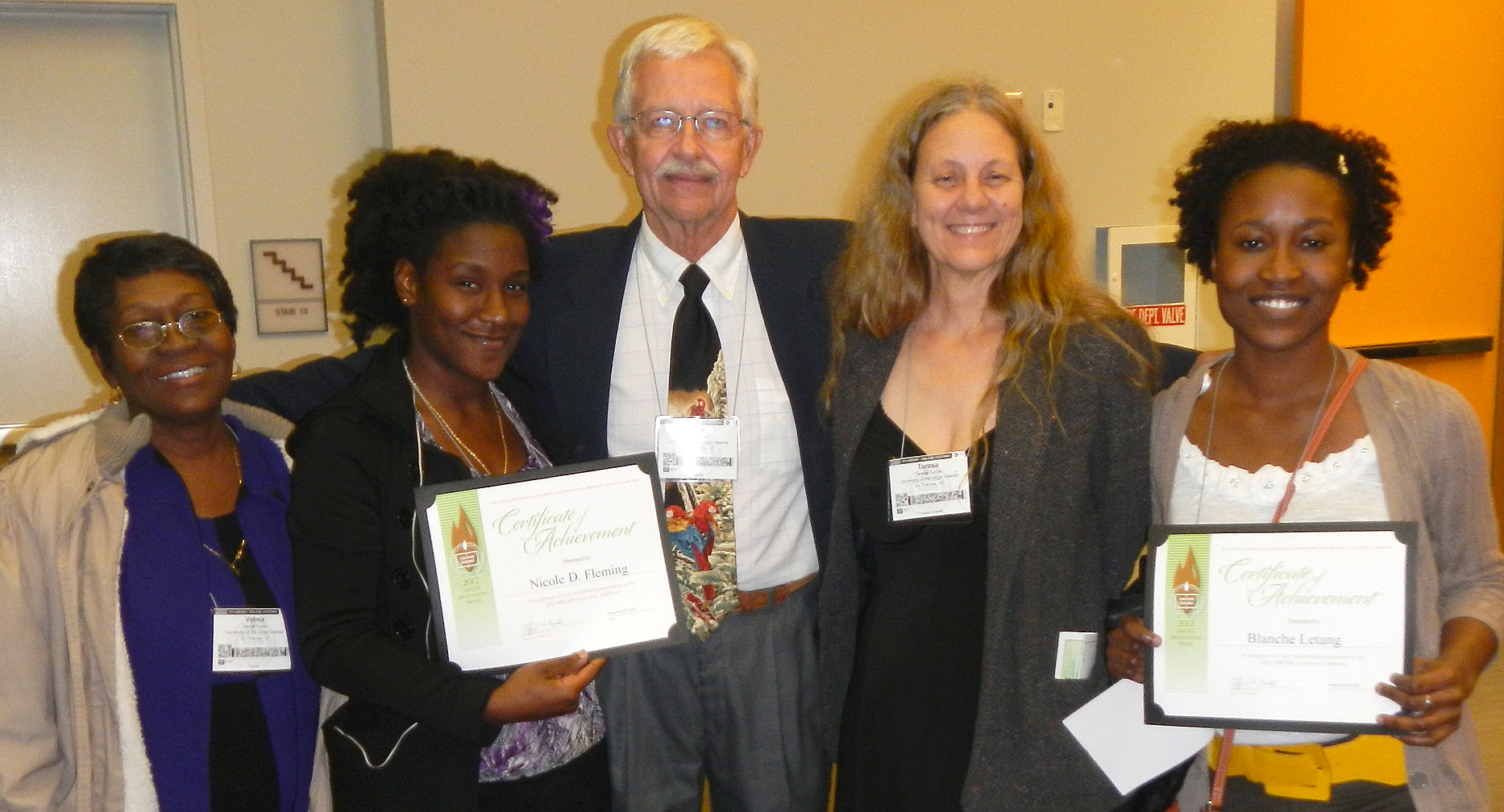 Alumni awardees and faculty: UVI Professor Dr. Velma Tyson, alumna Nicole Fleming (‘12), Professor Dr. Donald Drost, Professor Dr. Teresa Turner and alumna Blanche Letang (‘12) attend the 12th Annual Biomedical Research Conference for Minority Students in San Jose, California. Fleming and Letang won awards at the conference.