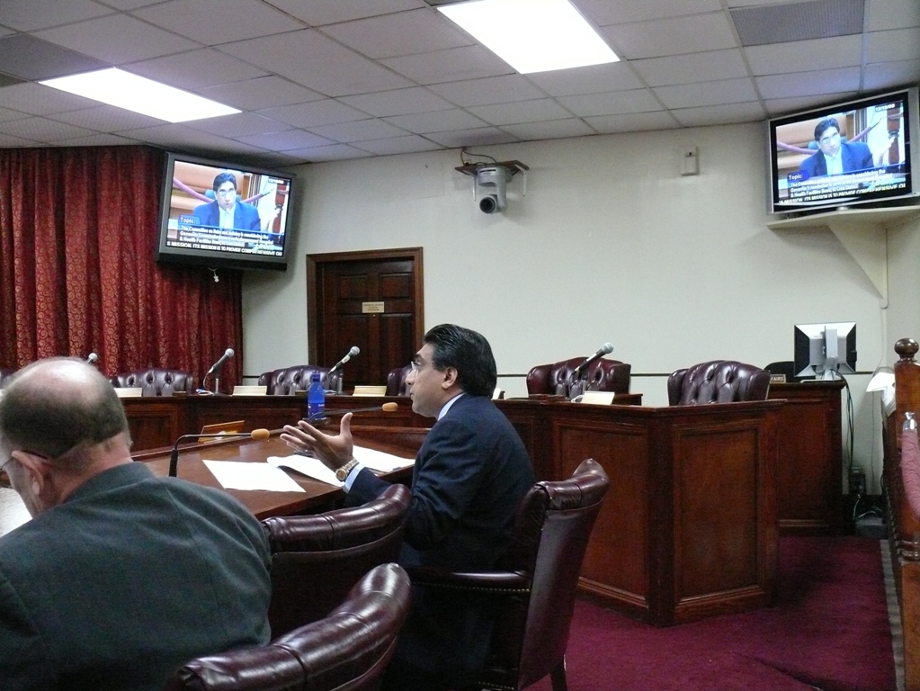 Hospital board nominee Deepak Bansal answers questions from the committee.