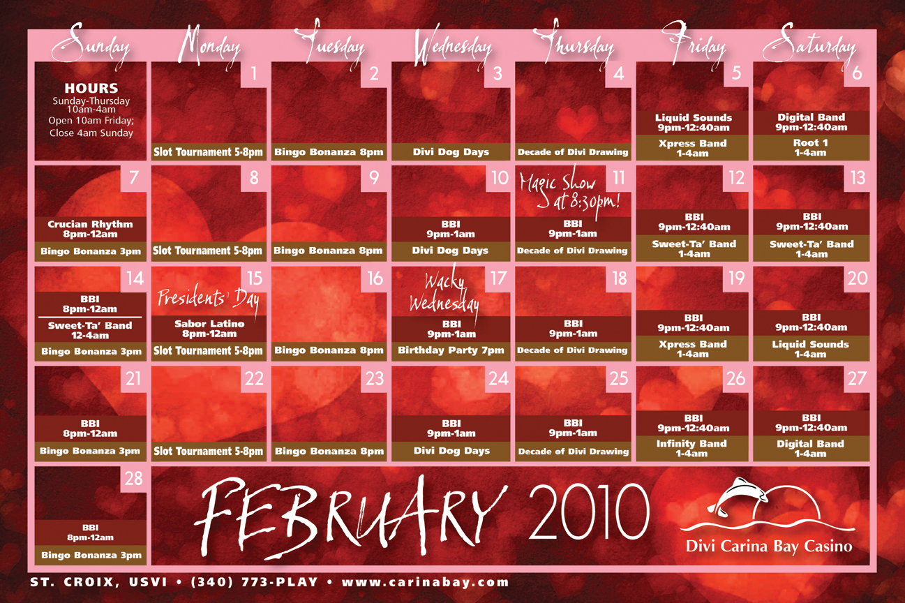 Divi Carina Bay Casino Calendar for February Divi Carina Bay Casino Calendar for February