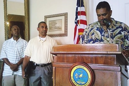 From left: Public Works Commissioner Darryl Smalls and VITEMA head Mark Walters join Gov. John deJongh Jr. Sunday to give an update on Tropical Storms Ana and Bill.