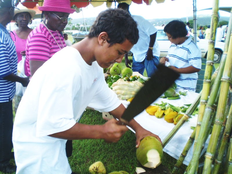 Genesis Herreera cuts coconuts open at the St. Croix Farmers in the Action Tent.