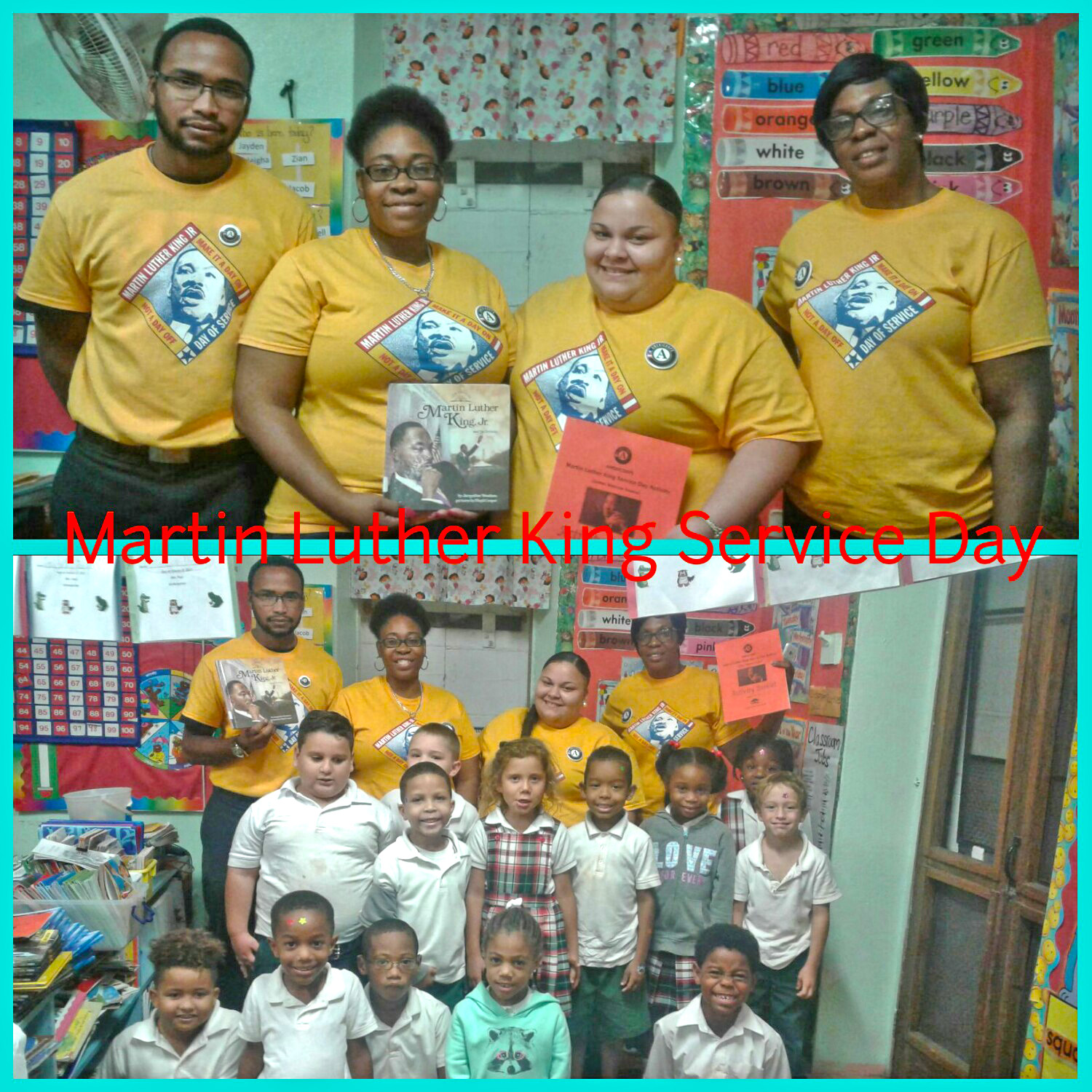 Americorps members volunteer with first graders at Sibilly School on Dr. Martin Luther King Jr. Day of Service.