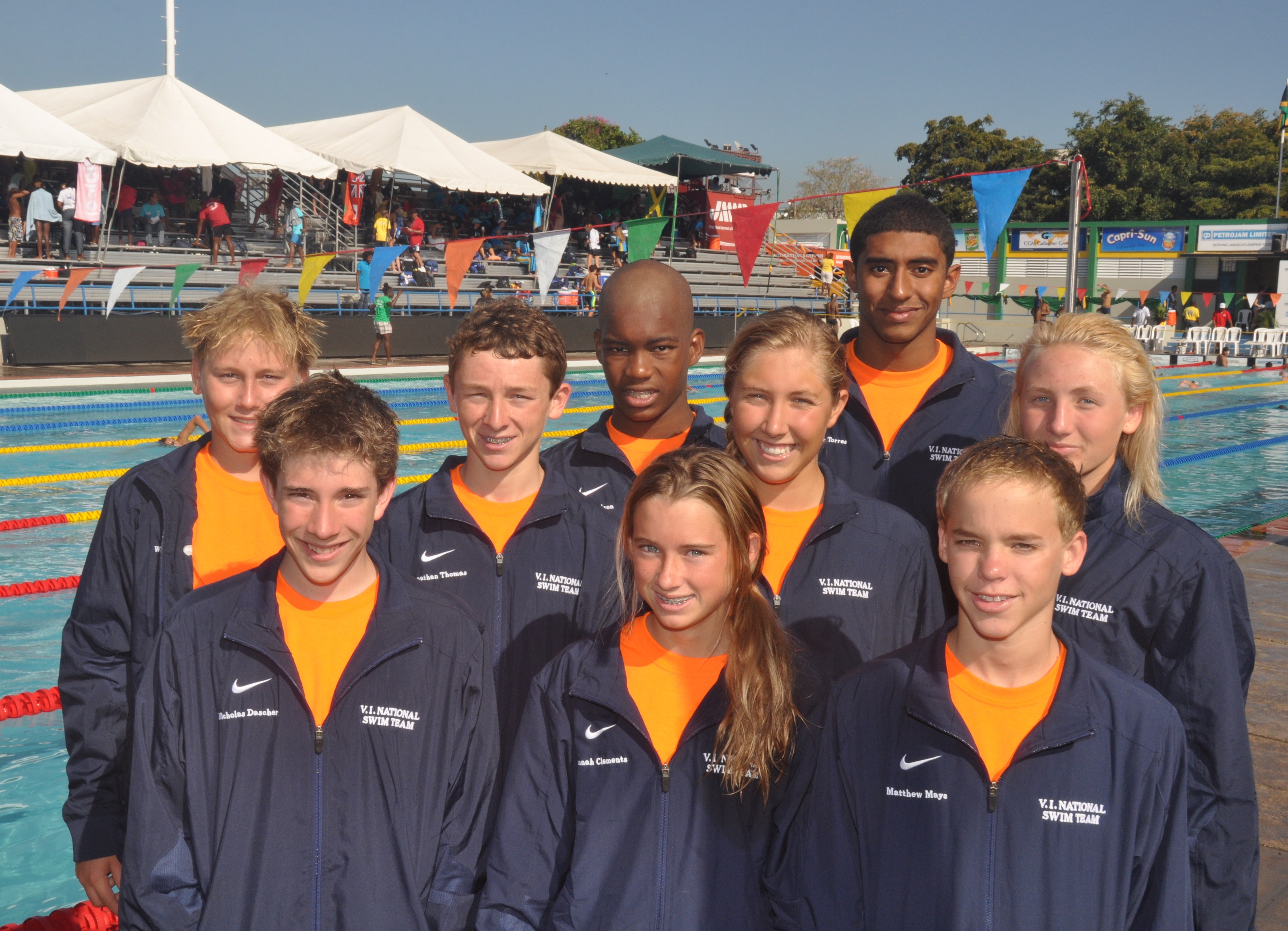The nine swimmers representing the Virgin Islands were  Hannah Clements, Sasha Klein and Portia Norkaitis from St. Thomas and Matthew Mays, Kenny Wilson, Jonathan Thomas, Webster Bozzo, Victor Torres and Nicholas Dascher from St. Croix.  