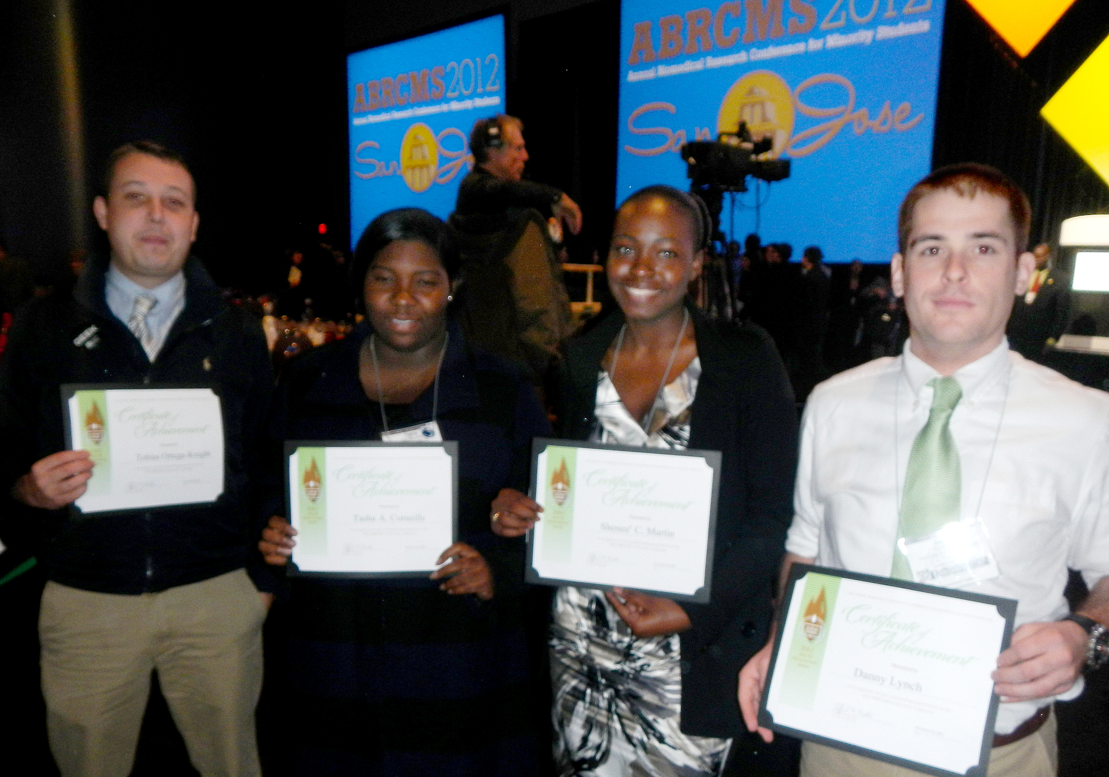 UVI Student Winners: Tobias Ortega Knight (left to right), Tasha Cornelle, Shenee' Martin and Danny Lynch receive awards for their presentations at the 12th Annual Biomedical Research Conference for Minority Students in San Jose, California.