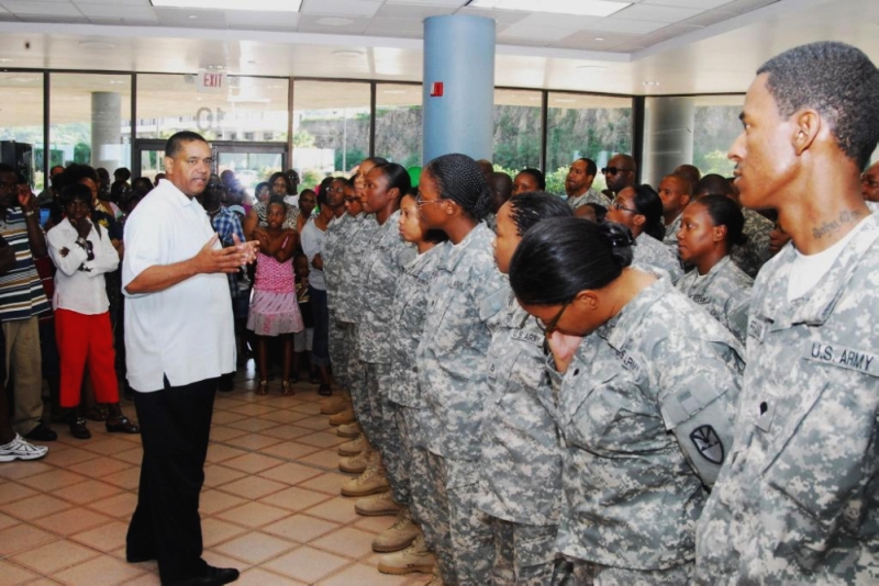 Gov. John deJongh Jr. briefs V.I. National Guard soldiers Monday on St. Thomas before they deployed for Guantanamo Bay, Cuba.