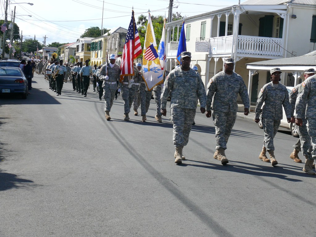 Soldiers march during the Veterans Day Parade in Frederiksted Wednesday.