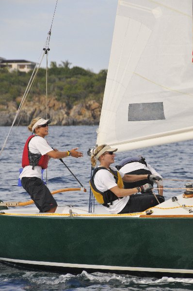 Anna Tunnicliffe (far left) and her team lead day one at the U.S. Sailing Match Racing Championships. Photo Credit: Dean Barnes.