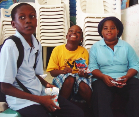 From left: Renaldo Peters, Ilejah Reed and Ahyjah Lambertis at the first day of Boys and Girls Club at Oswald Harris Court.