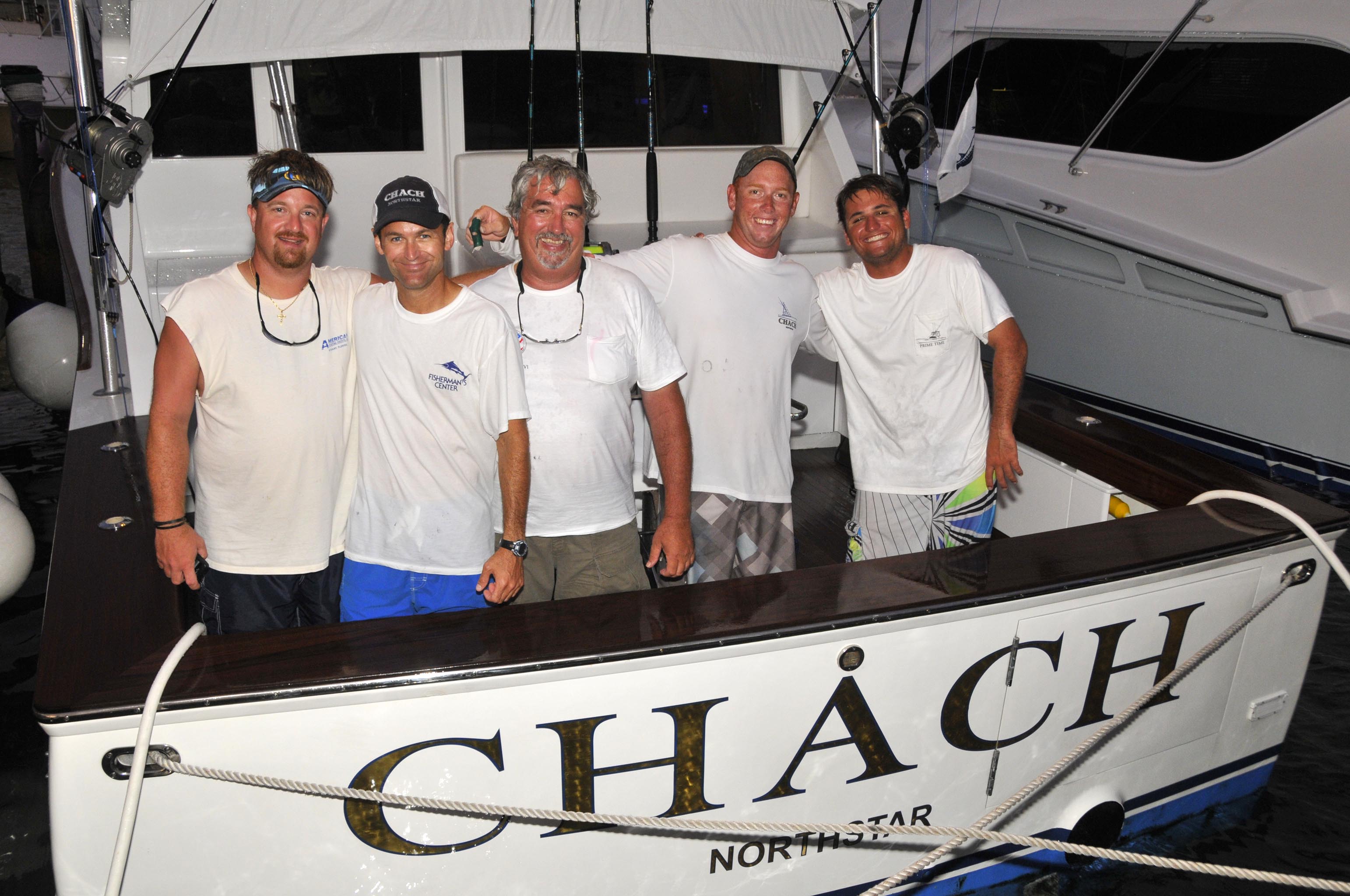 The team aboard Chach, a Monterey 58 out of Louisiana, is top boat after the first day of fishing. L to R: Chad Guileau (mate), Damon Chouest (angler), Dominick LaCombe (angler), Matt Coppoletta (mate) and Capt. Dave Dalfo. Credit: Dean Barnes
