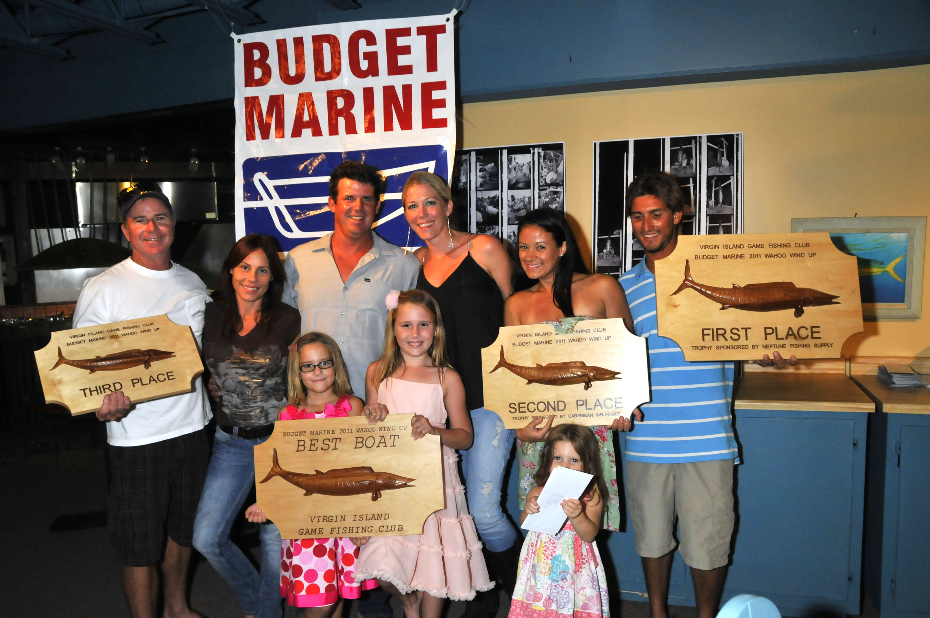 Photo: Top Boat, Double Header IV, which includes L to R with trophy plaques Jonathan Gatcliffe with third largest wahoo, second from right, Angela Berry with second largest wahoo, and far right Chris Berry, who caught the largest wahoo. (Credit: Dean Barnes)