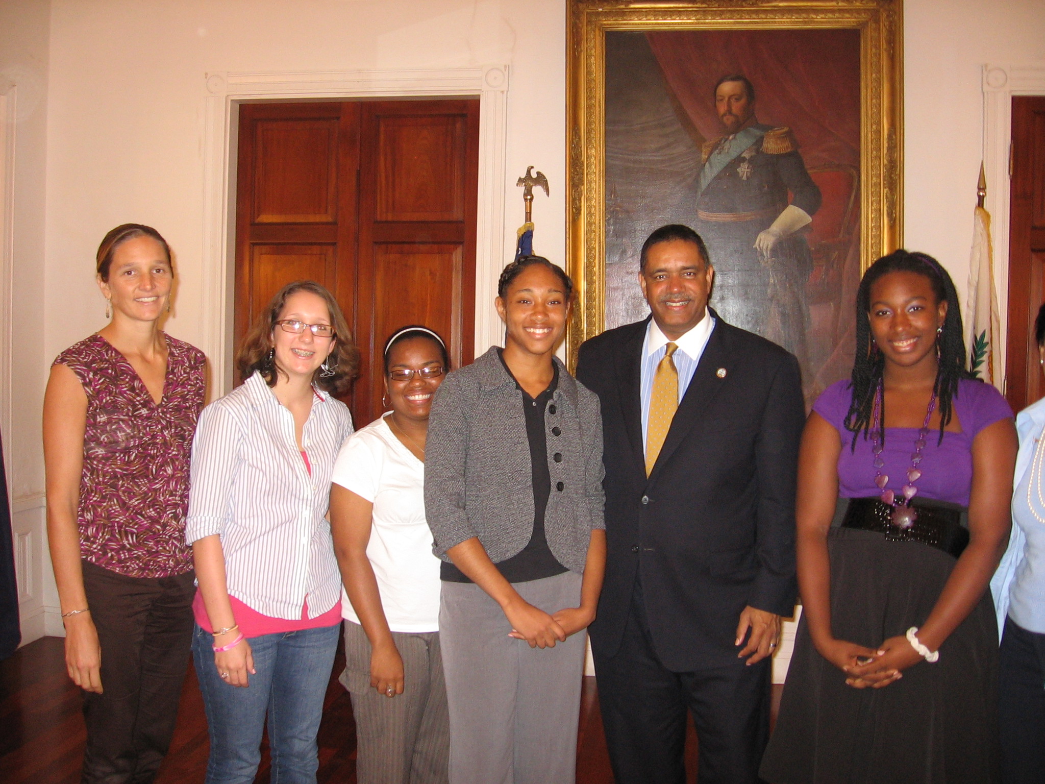 Pictured left to right – Acting Head of Upper School Leslie Hamdorf, Eliza Mongeau, Nyasia Santiago, Ashlee Douglas, Gov. deJongh and Shani Cox