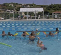 Adult students and instructors work in Nazareth pool while one youngster does her own thing.