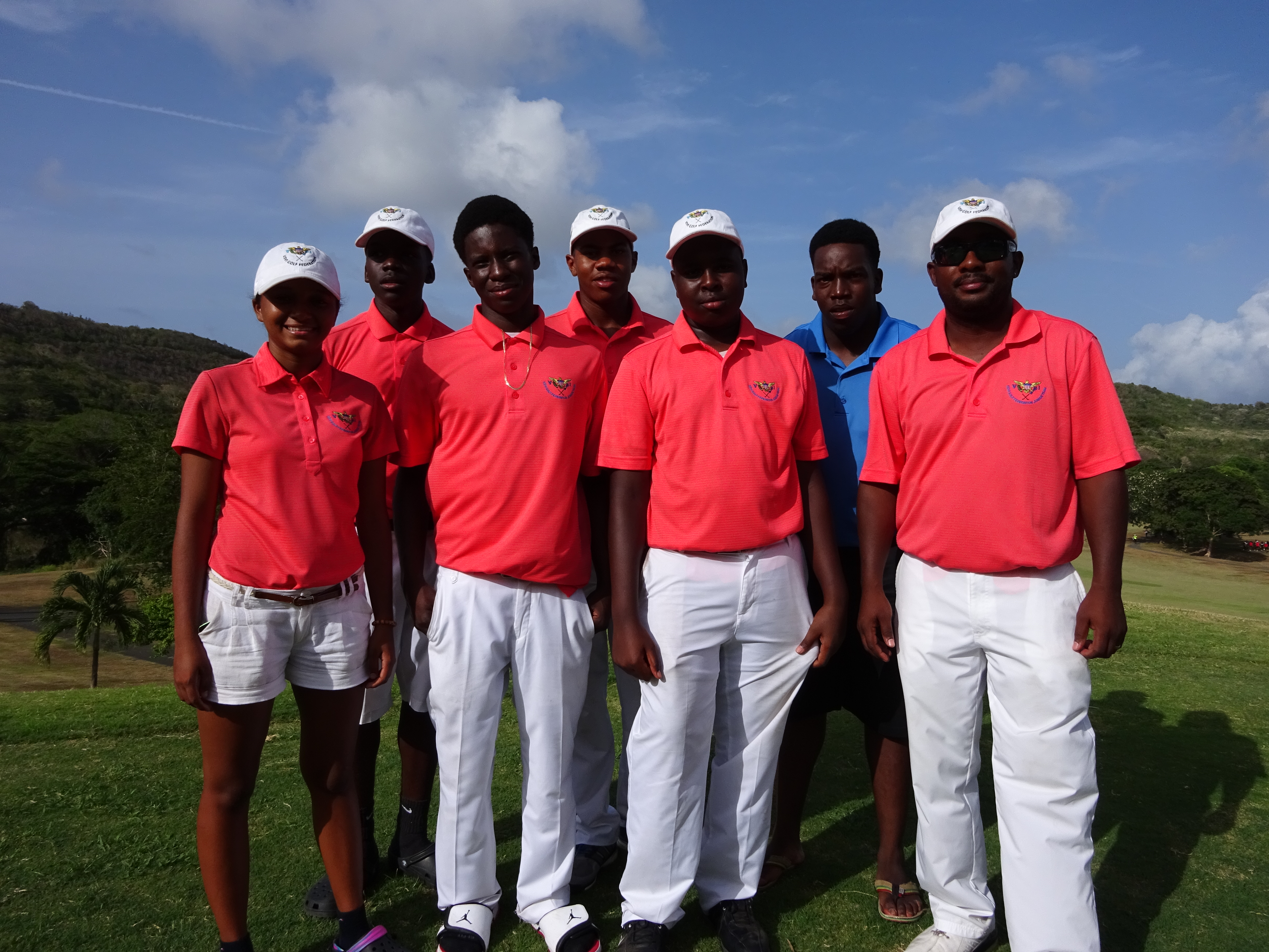 Five young golfers and the  two coaches from the V.I. Golf Federation