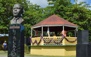 The bust of D. Hamilton Jackson and the gazebo at Grove Place Park were decked out for Bull and Bread Day in 2014, and will be again Thursday. (File photo)