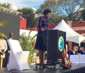 DPNR commissioner Dawn Henry thanks her staff for their efforts to complete the project as she addresses attendees at the reopening of Fort Christian.