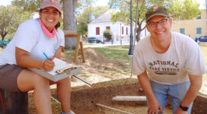 Michelle Gray, archaeological technician from the Southeast Archaeological Center, left and David Gadsby, archaeologist from the National Park Service Slave Wrecks Project, this week were digging for artifacts at Fort Christiansvaern. (Carol Buchanan photo)