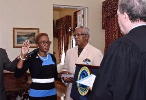 V.I. Supreme Court Chief Justice Rhys Hodge swears in Felecia Blyden. (Government House photo)