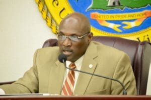 Sen. Novelle Francis chairs a Rules Committee hearing in May. (Barry Leerdam photo for the V.I. Legislature)