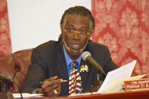 Sen. Positive Nelson speaks at hearing on his Emancipation Week proposal. (Photo by Barry Leerdam, provided by the V.I. Legislature)