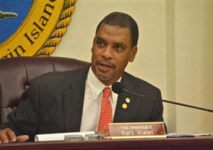 Kurt Vialet chairs a Finance Committee hearing. (Photo by Barry Leerdam, provided by the V.I. Legislature)