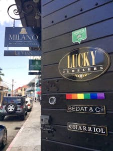 Some stores on Main Street in St. Thomas prominently display rainbow flags to let the LGBTQ community know they are welcome and accepted.