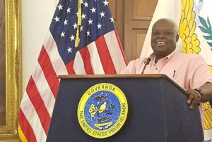 Gov. Kenneth Mapp addresses the media Wednesday at Government House on St. Croix. (Jamie Leonard photo)
