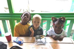 Gifft Hill School first graders eat lunch on their first day back at school.