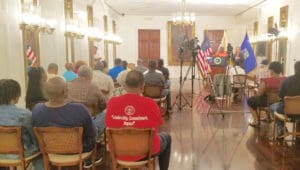 Gov. Kenneth Mapp updates the news media Friday on progress in the territory's hurricane recovery. (Jamie Leonard photo)