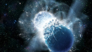 An artist's conception from LIGO Caltech shows the moment two neutron stars collide, releasing gravitational waves and a massive gamma ray burst.