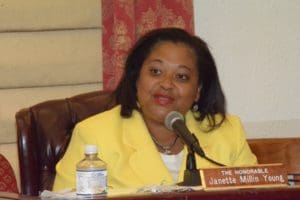 Sen. Janette Millin Young at a Sept. 1 Rules and Judiciary Committee meeting. (V.I. Legislature photo by Barry Leerdam)