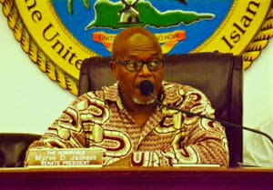 Senate President Myron Jackson (D-STT) speaks at Friday's Committee of the Whole hearing. (V.I. Legislature photo by Barry Leerdam)